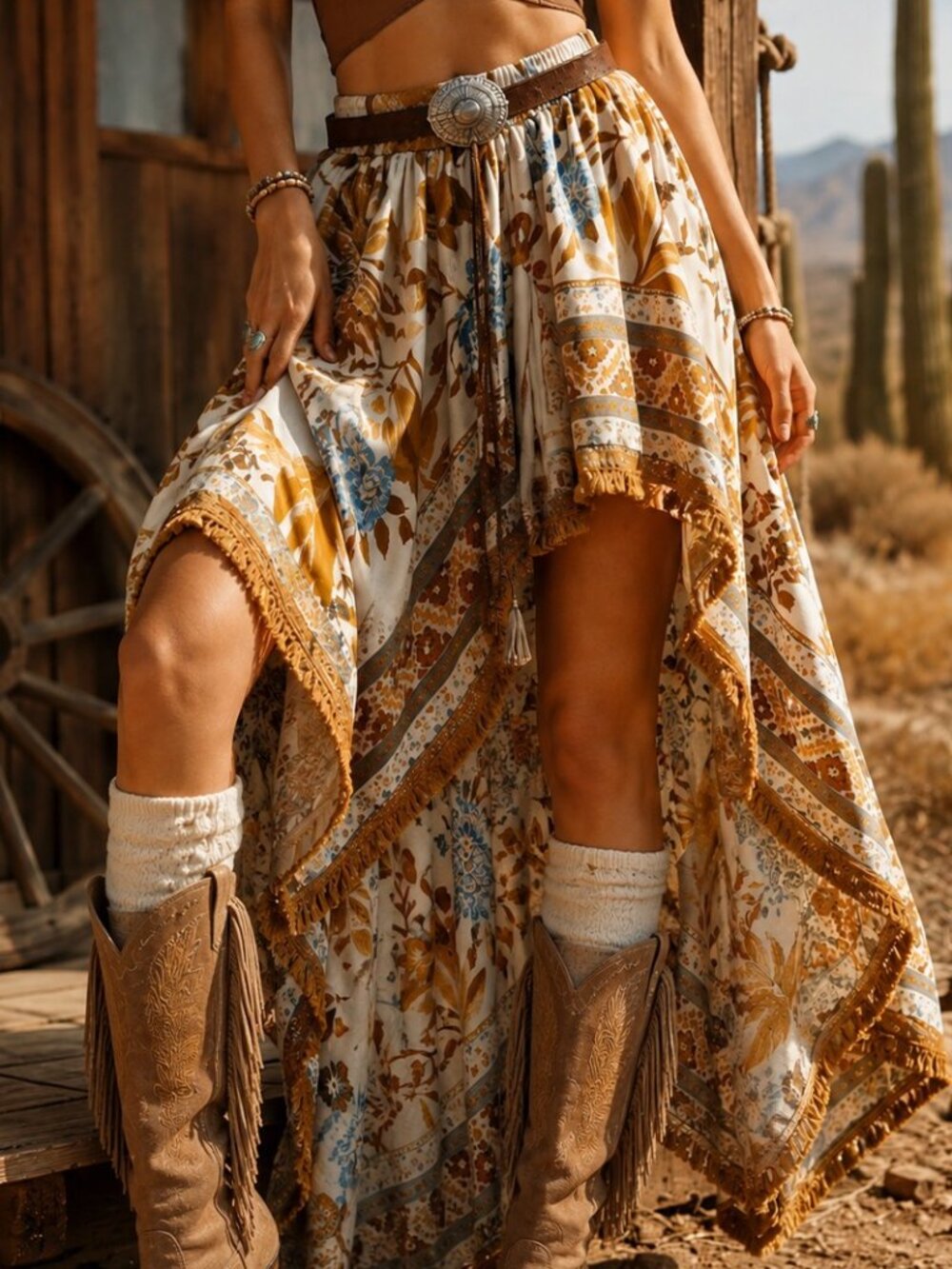 297 | Western Print Asymmetrical Fringe Skirt